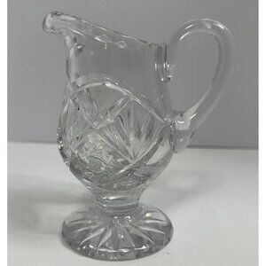 Vintage Crystal Footed Creamer 5.5" Etched Cut Glass Small Water Pitcher